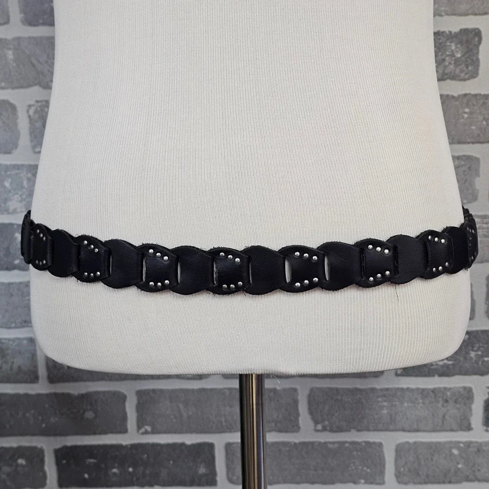 Leather Belt‎ Braided Studded Round Buckle Genuine Leather Black Women 44